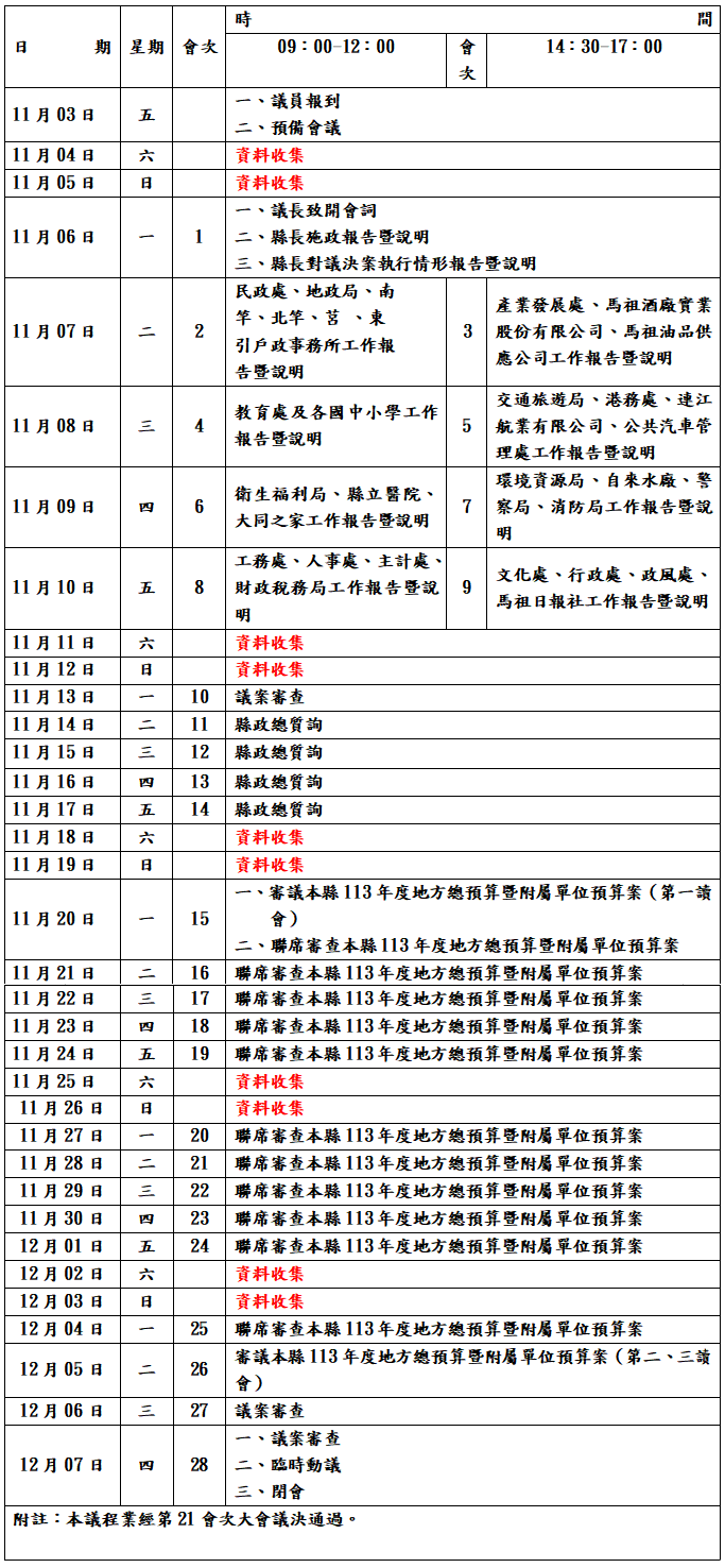 連江縣議會第8屆第2次定期大會議事延會日程表