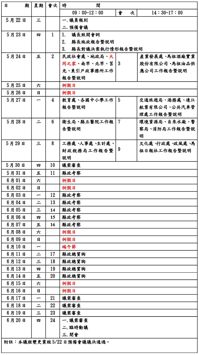 連江縣議會第8屆第3次定期大會第一次議事變更日程表