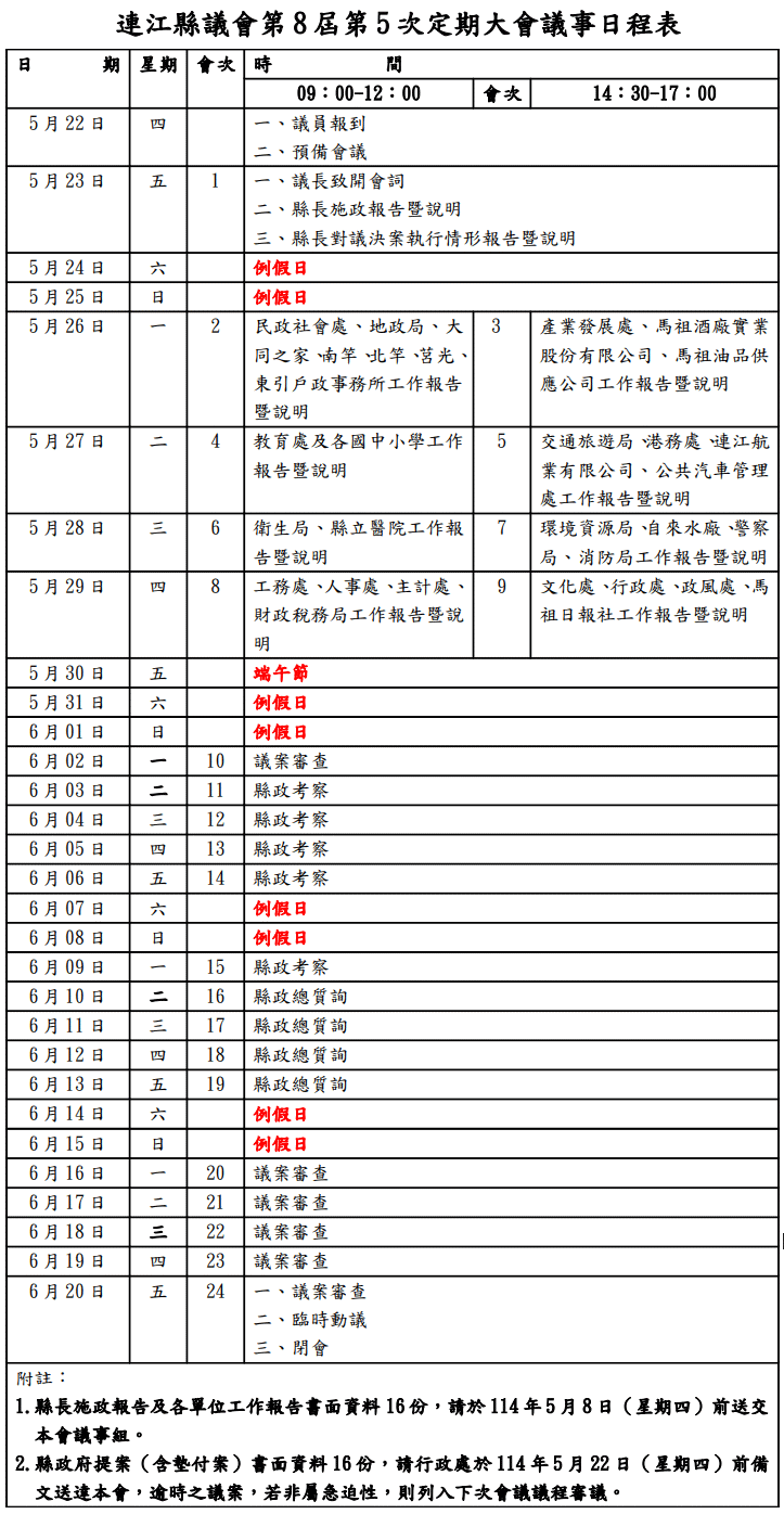 連江縣議會第8屆第5次定期大會議事日程表